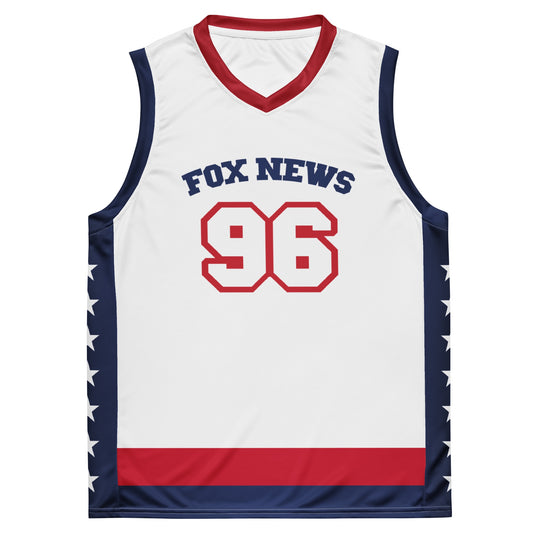 A man wearing the personalized *FOX News* basketball jersey in a sunny American backyard setting.