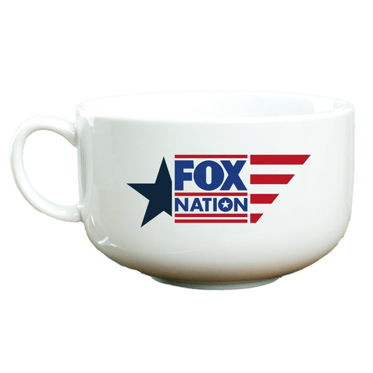 A crisp white ceramic *FOX Nation* logo ice cream bowl displayed on a clean, modern American kitchen counter.