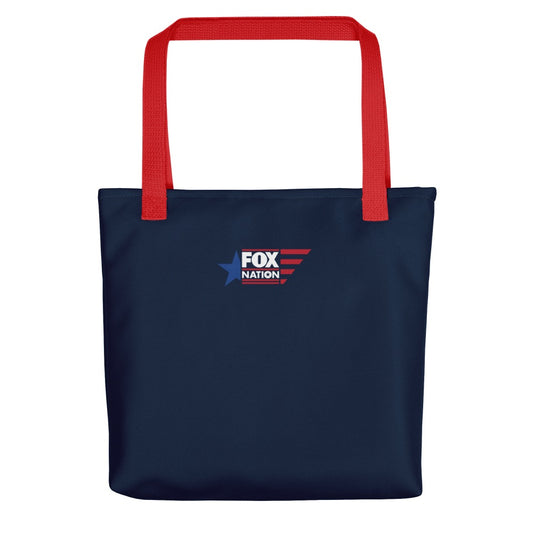 A crisp FOX Nation logo tote bag with vibrant red handles, displayed in a clean, suburban American home setting.