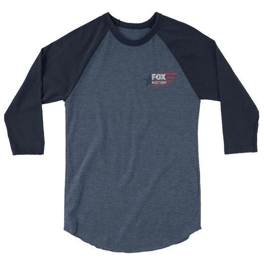 A front view of the FOX Nation Logo 3/4 Sleeve Raglan Shirt on a white background, showing the crisp FOX Nation logo on the chest and the contrast heather denim and navy sleeves.