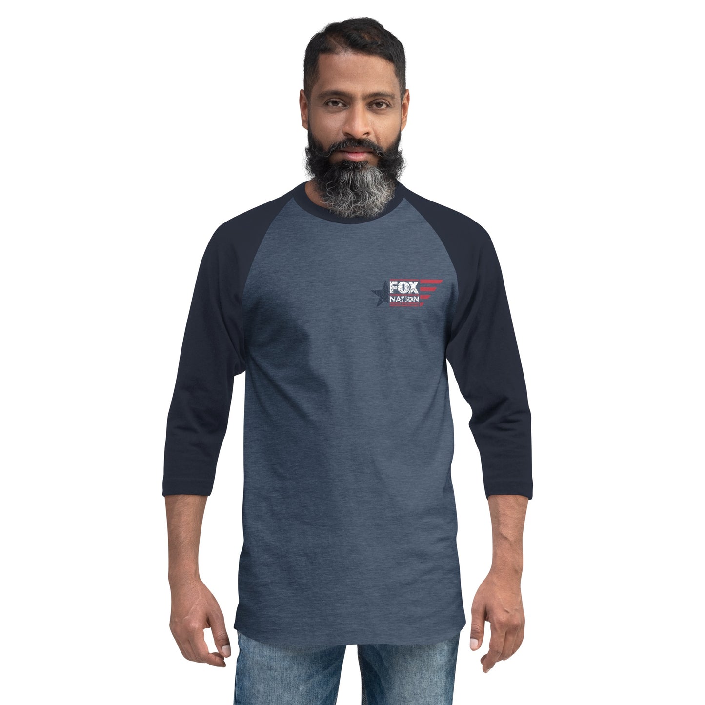 A lifestyle shot of the FOX Nation raglan shirt displayed in a comfortable American home setting, emphasizing its classic Americana style.
