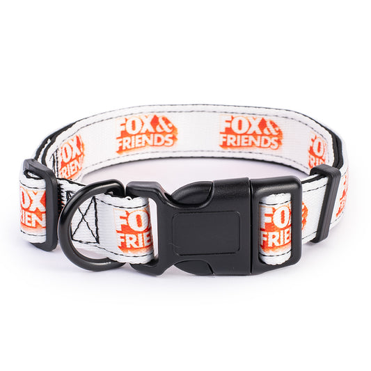 A loyal dog wearing a crisp FOX & Friends pet collar in a modern American living room setting.