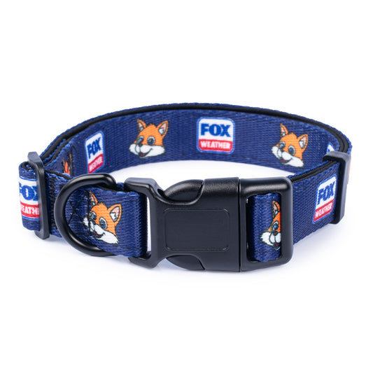 A high-quality FOX Weather pet collar featuring the Sonny mascot design in a clean American home setting.