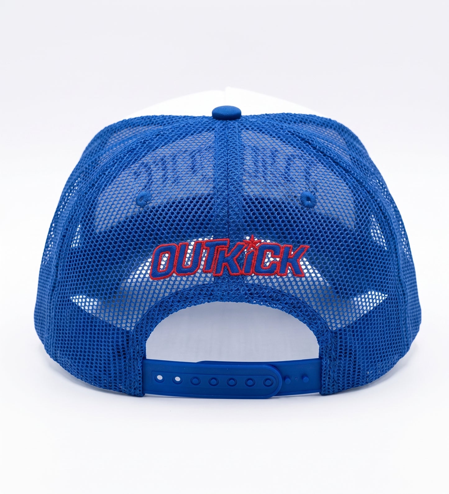 Close-up detail shot of the precision embroidery on the OutKick hat crown, highlighting the official FOX News merchandise quality.