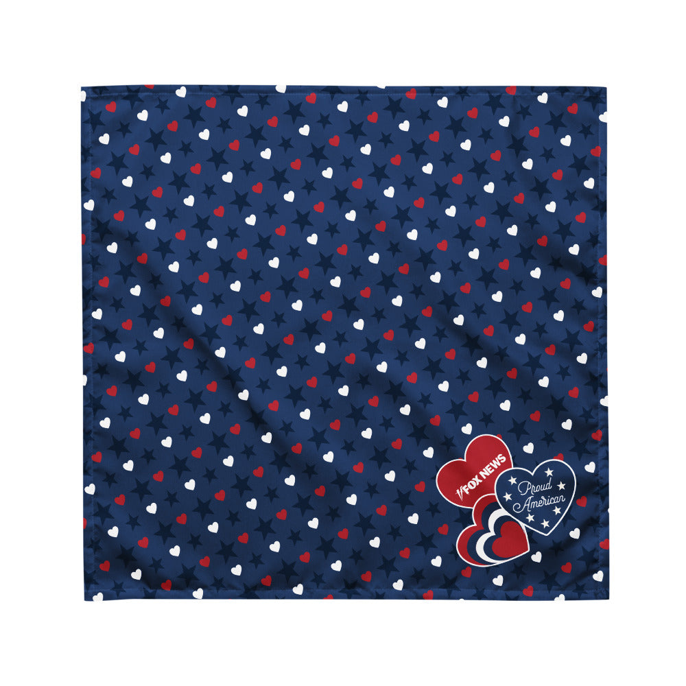 Close-up of the crisp FOX News logo and Proud American branding on the high-quality fabric of the hearts and stars bandana.