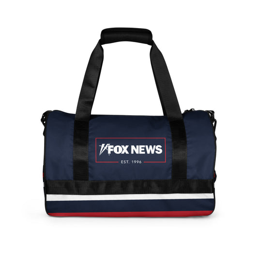 A clean modern American gym locker setting displaying the FOX News Logo Gym Bag on a bench.