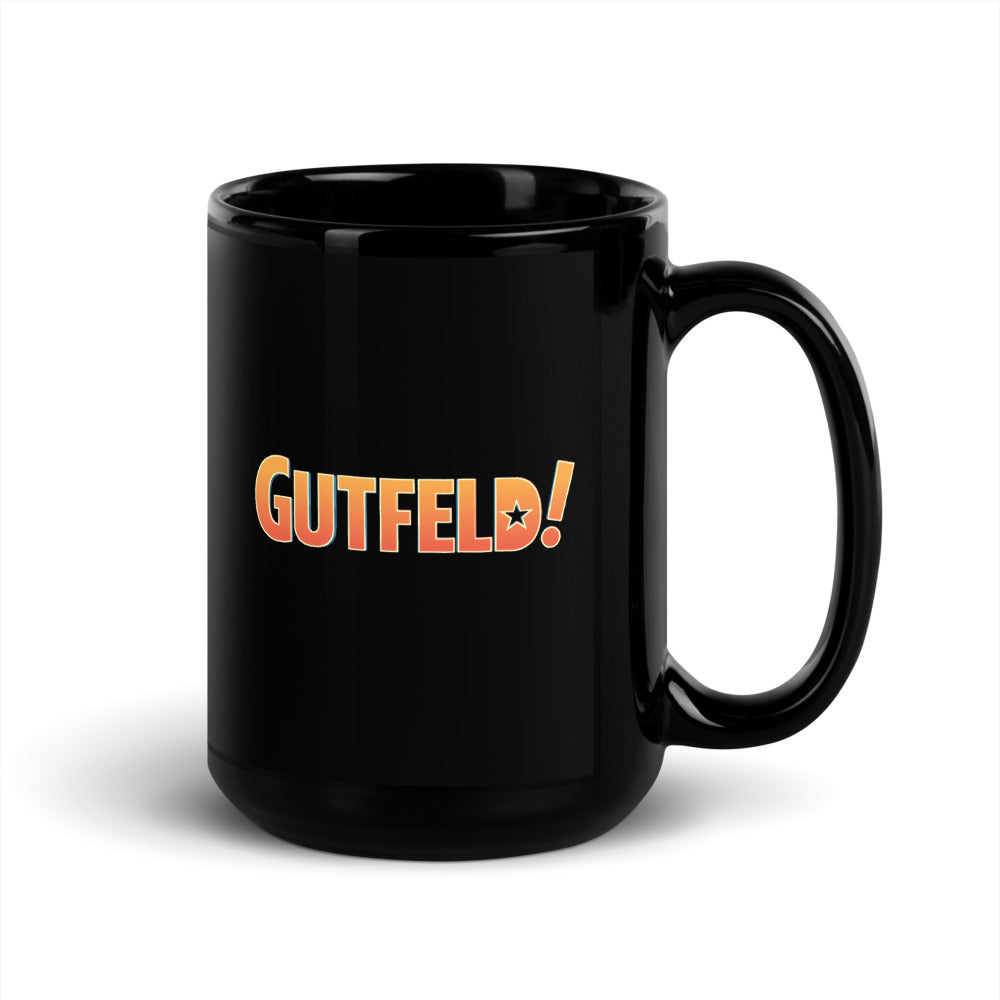 A fan holding the Gutfeld! Great With Beverages mug in a bright, modern American living room.