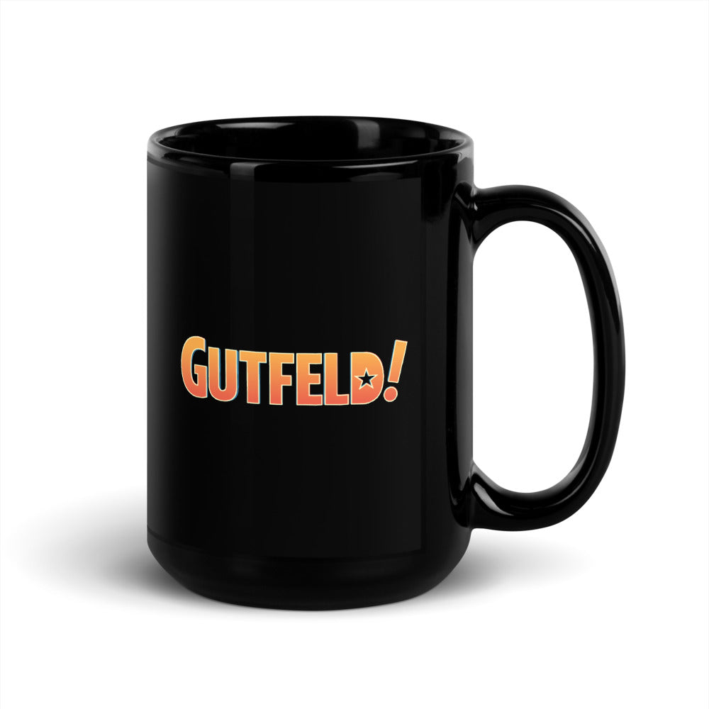 Close-up of the crisp Gutfeld! show branding and patriotic quote on a black ceramic glossy mug.