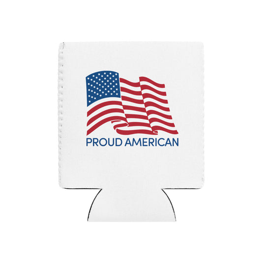 A crisp, clean modern American backyard setting with a FOX News Proud American can cooler holding a chilled beverage on a wooden patio table.