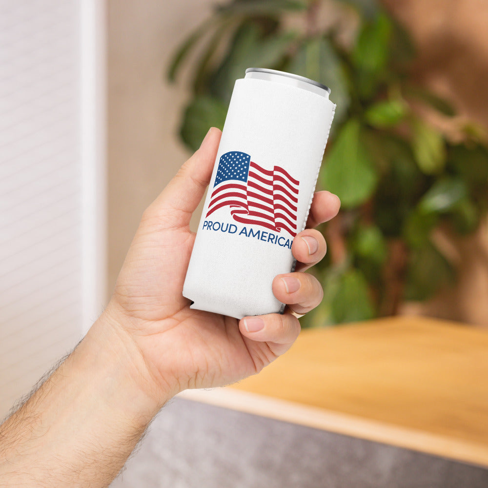 Lifestyle perspective of the FOX News can cooler displayed in a comfortable, patriotic home environment.