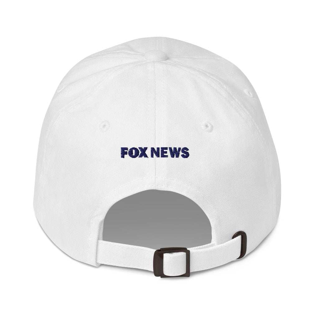 The back view of a white FOX News dad hat showing the adjustable metal buckle strap for a custom fit.