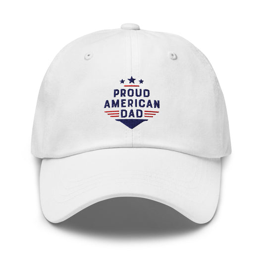 A white FOX News Proud American Dad Hat with bold blue and red text on a clean, modern American porch setting.