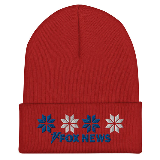 A patriot wearing the *FOX News* Holiday Snow Embroidered Beanie in Red while enjoying a crisp winter morning in a suburban backyard.
