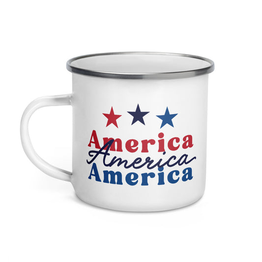 A 12oz white enamel mug with the FOX News logo and a bold America design sitting on a clean wooden table in a sunlit American home.