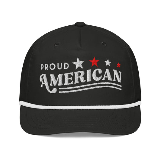 FOX News Proud American Embroidered Golf Rope Cap shown in a clean American home setting.