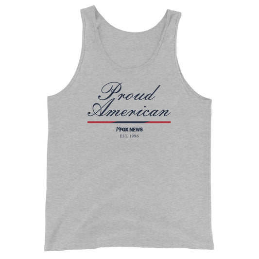 A patriot wearing the navy blue FOX News Proud American Tank Top in a clean, sunny American backyard setting.