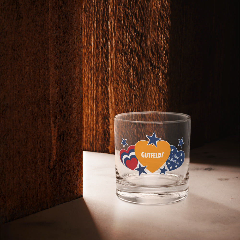 Four rocks glasses with the Hearts and Stars design showing the premium finish.