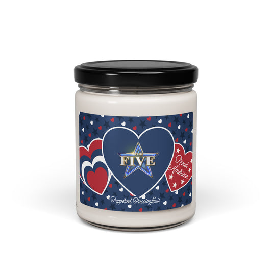 Official FOX News The Five Proud American Hearts And Stars candle in a 9oz glass jar featuring a red and blue patriotic design.