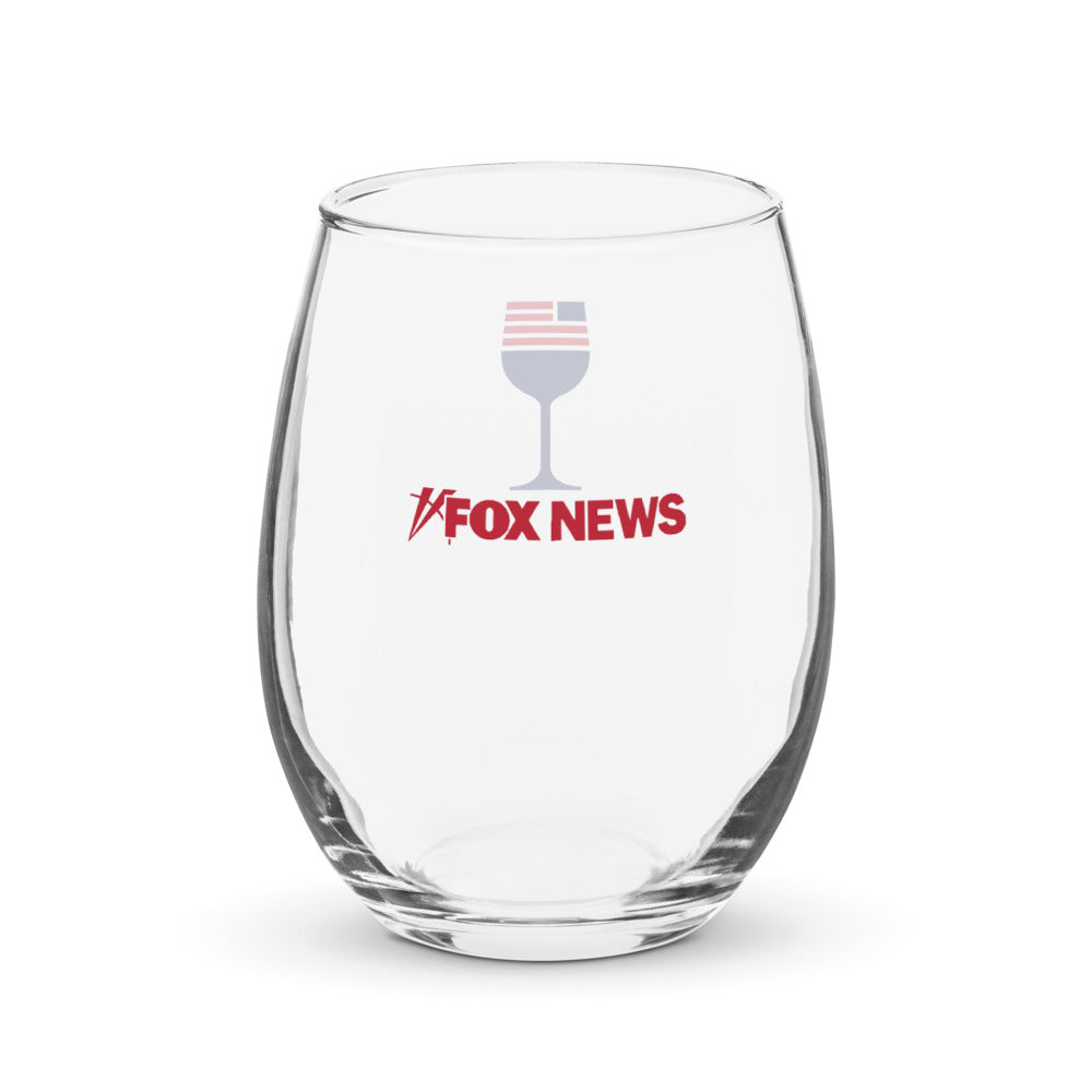 Set of *FOX News* stemless wine glasses displayed on a wooden shelf in a traditional American dining room.