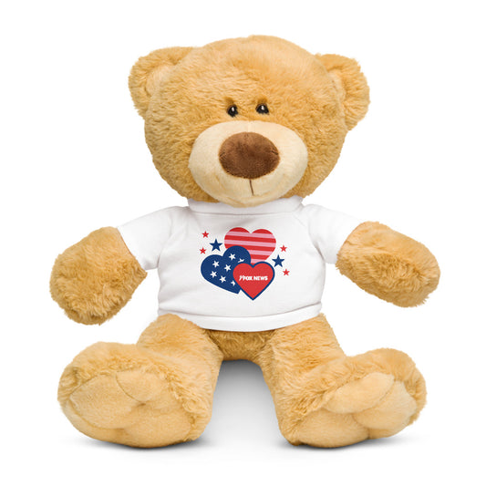A soft *FOX News* Hearts Teddy Bear sitting in a clean, modern American living room setting.