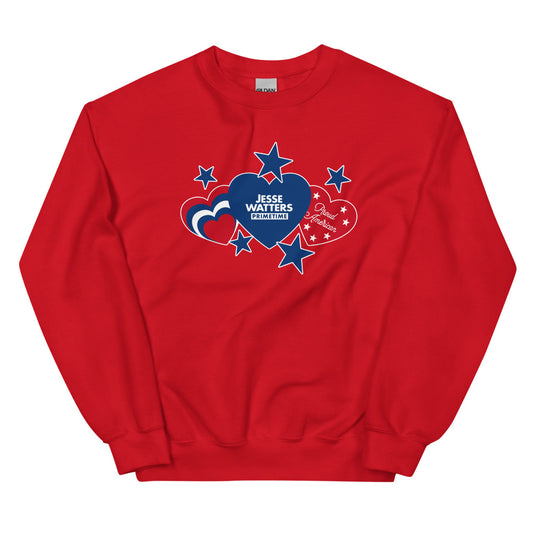 A person wearing the Jesse Watters Primetime Proud American Hearts and Stars sweatshirt in a modern American living room.