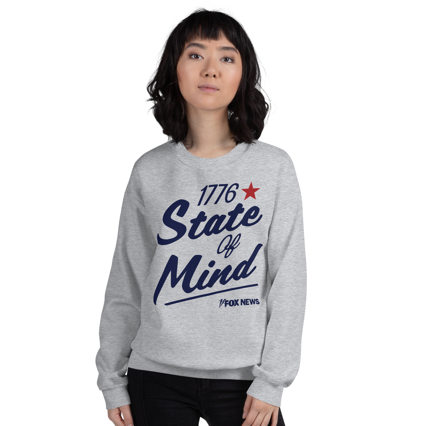 The crisp 1776 State Of Mind logo displayed clearly on the front of a navy FOX News sweatshirt.