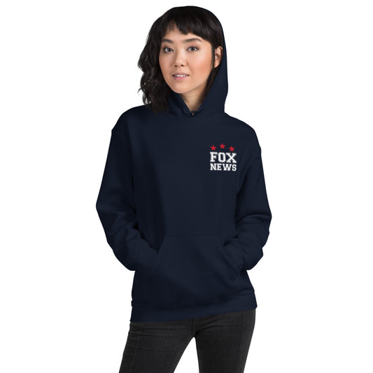 A patriot wearing a navy FOX News Proud American Hoodie in a clean American backyard setting.
