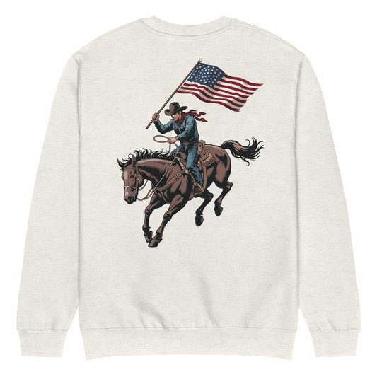 Front view of the FOX News American Cowboy sweatshirt in a clean American living room setting, featuring the bold Western design on the chest