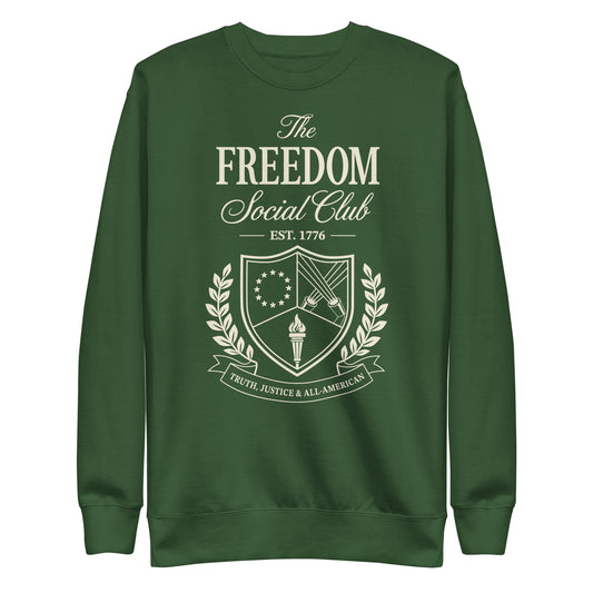 Navy crewneck sweatshirt with The Freedom Social Club graphic and FOX News branding centered on the front chest