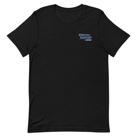 A modern American living room with a person wearing the FOX News Special Report with Bret Baier unisex t-shirt.