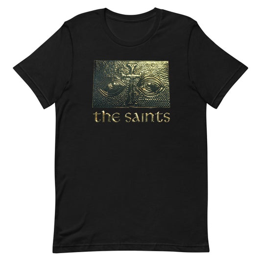 A modern American living room showcasing the FOX Nation The Saints T-Shirt neatly folded on a coffee table.