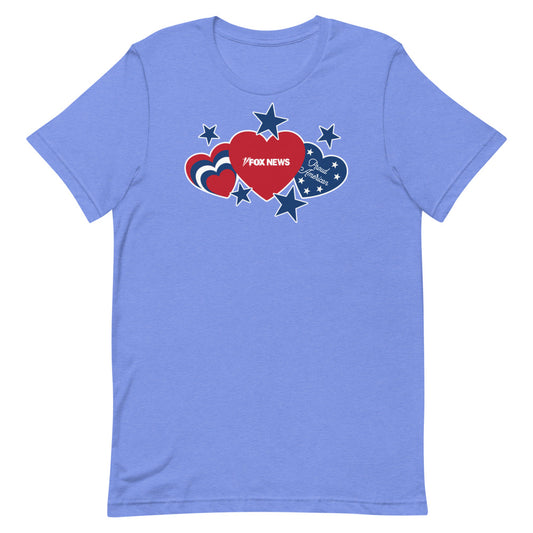Front view of the FOX News Proud American Hearts and Stars T-Shirt in Red, showcasing the patriotic graphic in a clean American home setting.
