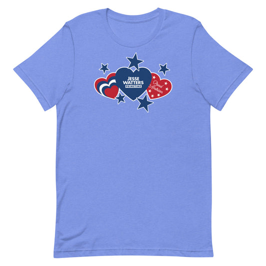 A man wearing the Jesse Watters Proud American Hearts and Stars T-Shirt in a clean American backyard setting.