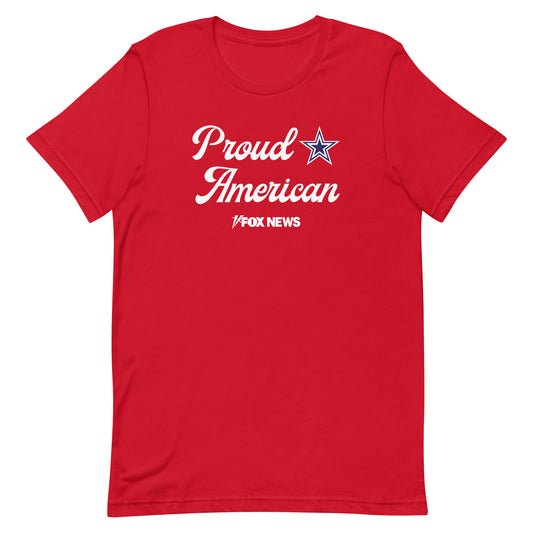 A Navy FOX News Proud American T-Shirt displayed in a clean American outdoor setting.