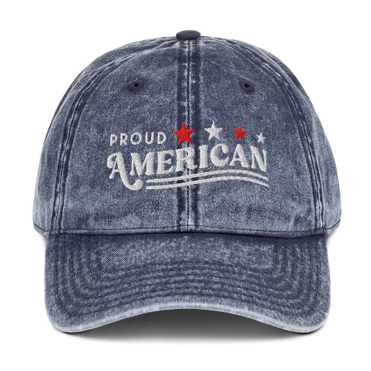 Official FOX News Proud American embroidered denim hat in navy blue shown on a clean background.