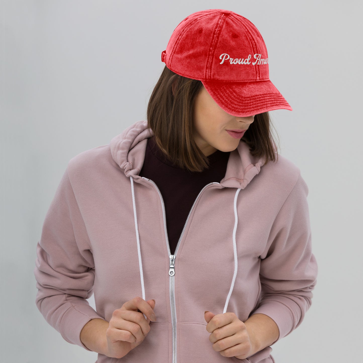 A final studio product view of the FOX News Proud American Script Embroidered Denim Hat in navy.