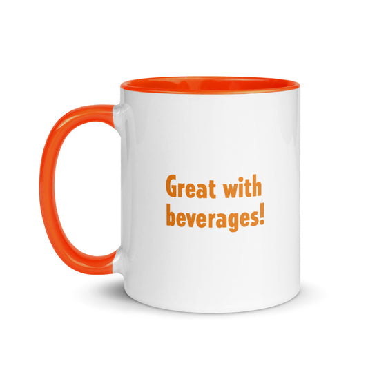 Official *Gutfeld!* Great With Beverages! Two-Tone Mug with orange handle and interior on a clean white background.
