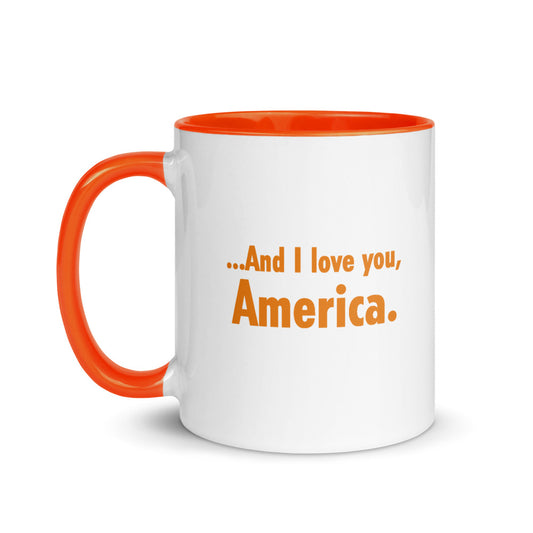Official Gutfeld! And I Love You America two-tone mug with a crisp white exterior and vibrant orange interior shown in a clean American home setting.