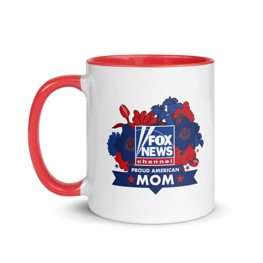 A modern American living room setting featuring the FOX News Proud American Mom Two-Tone Mug resting on a clean wooden coffee table.