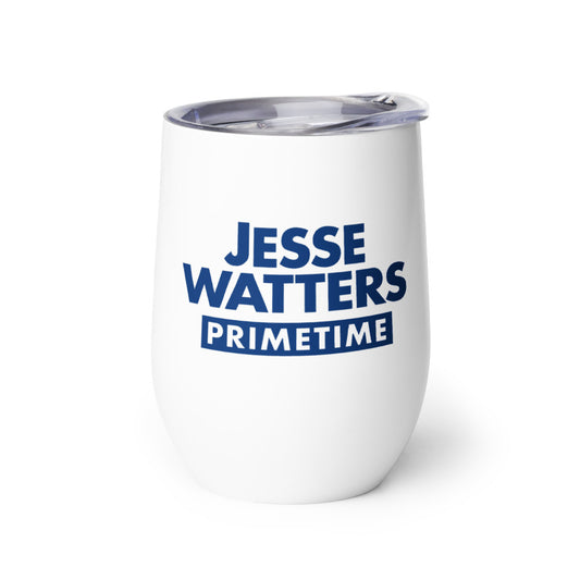 A crisp white 12-ounce wine tumbler featuring the Jesse Watters Primetime hearts graphic, set against a clean modern American kitchen countertop.