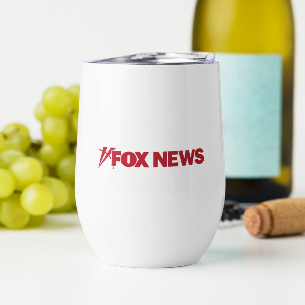 Two FOX News wine tumblers on a wooden table, showcasing the crisp logo and durable design for loyal viewers.