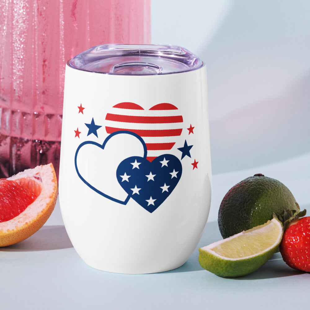A clean lifestyle product shot of the FOX News Gutfeld! wine tumbler displayed on a neutral surface.