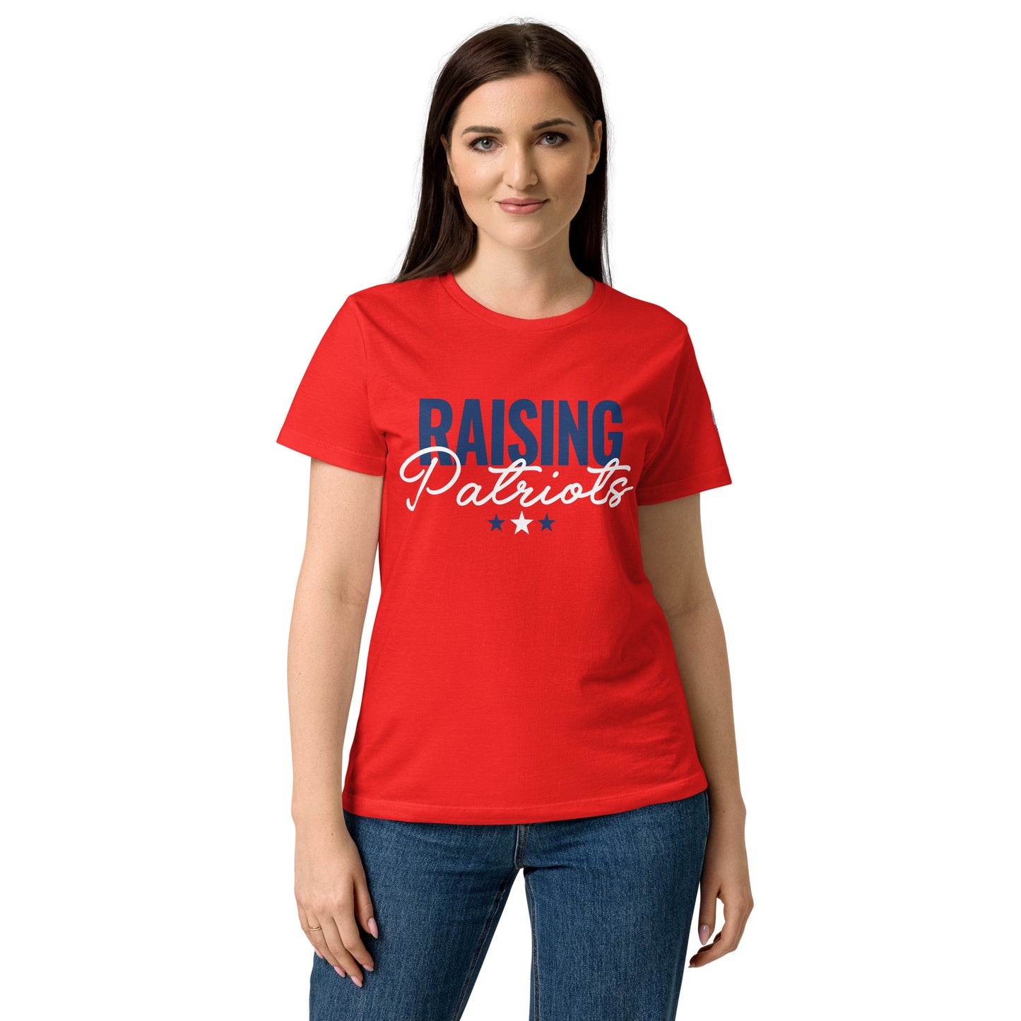High-quality graphic presentation of the Raising Patriots logo on the official FOX News women's tee.