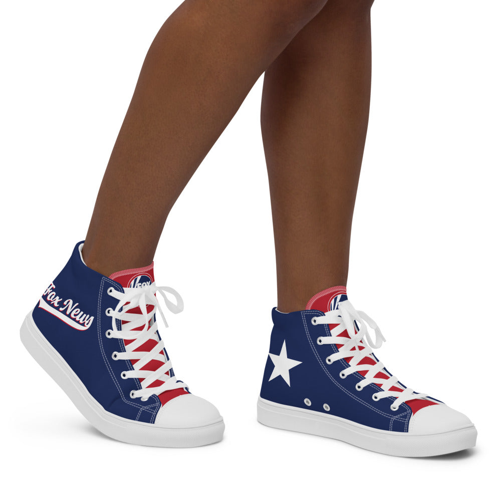 A patriotic lifestyle shot of a woman in casual attire wearing FOX News Sports logo sneakers while walking through a suburban park.