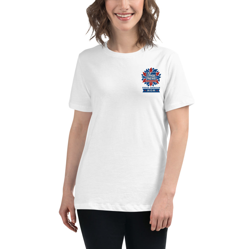 A warm, inviting indoor shot showcasing the complete FOX News Proud American Mom t-shirt styled for casual daily wear.