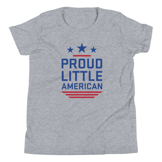 A front view of the FOX News Proud Little American Kids T-Shirt in Athletic Heather featuring the red, white, and blue graphic on a white background.