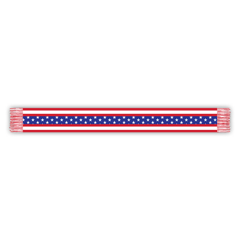 The FOX News Flag Scarf laid flat on a neutral surface, showcasing the full stars and stripes pattern and high-quality knit construction.