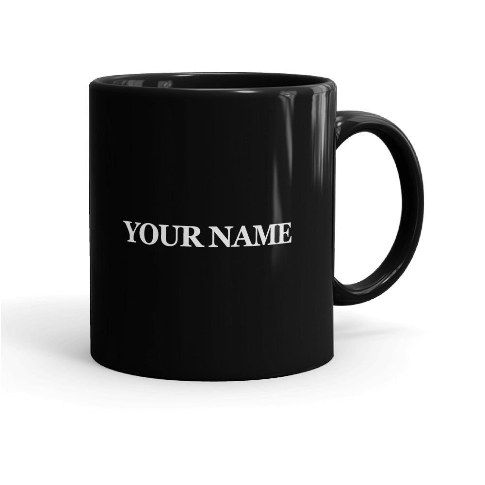 Profile view of the sturdy handle and sleek black design of *The Five* personalized mug.