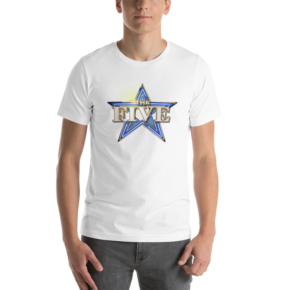 A well-lit studio clothing display showcasing the front of the The Five Logo T-Shirt with sharp typography and vibrant color contrast.