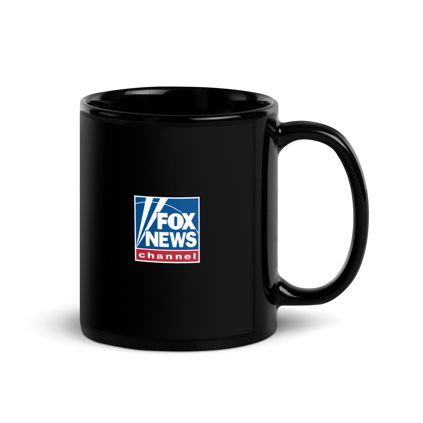 An official FOX News black glossy mug being held in a cozy home environment during a morning news broadcast.